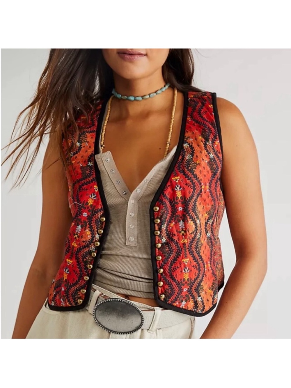 Free People - Embroidered Red & Orange Boho Vest - M